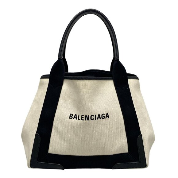 Auth BALENCIAGA Navy Cabas S 339933 Cream Black Canvas Leather Tote Bag - Picture 1 of 16